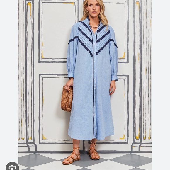 Tuckernuck Dresses & Skirts - Pomander Place Tuckernuck Jolene Chambray Midi Dress Button Front Lace Linen